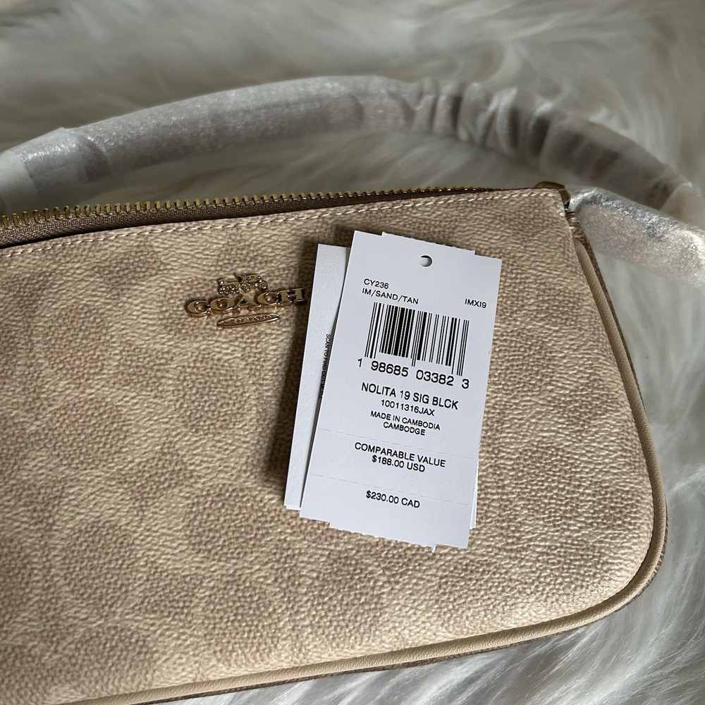 Coach Nolita 19 Sand Tan Signature Canvas Leather Wristlet Bag NEW - Picture 6 of 9